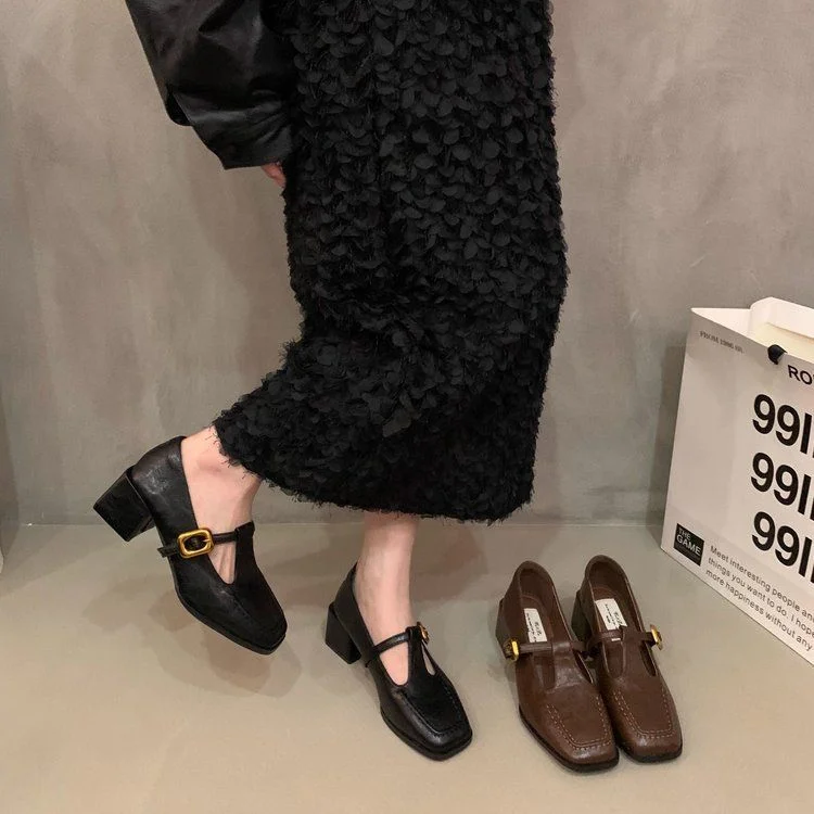 Colourp Colourp Retro Square Head Thick Heel Single Shoes Female 2024 Spring And Autumn New Korean Version Of Fairy High Heels Mary Jane Small Leather Shoes