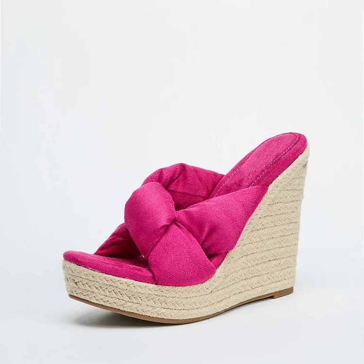 Hot Pink Vegan Suede Peep Toe Criss Cross Platform Mules with Wedge |FSJ Shoes
