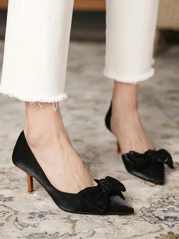 Pointed toe solid color stiletto low-top high heels with bow