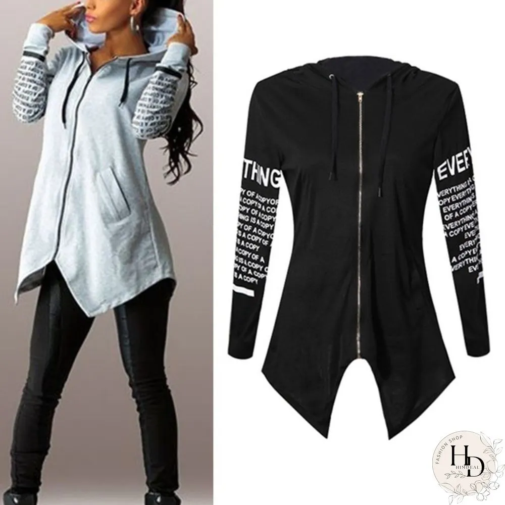 Women Fashion Letter Print Long Sleeve Hooded Coats Ladies V-neck Zipper Irregular Hem