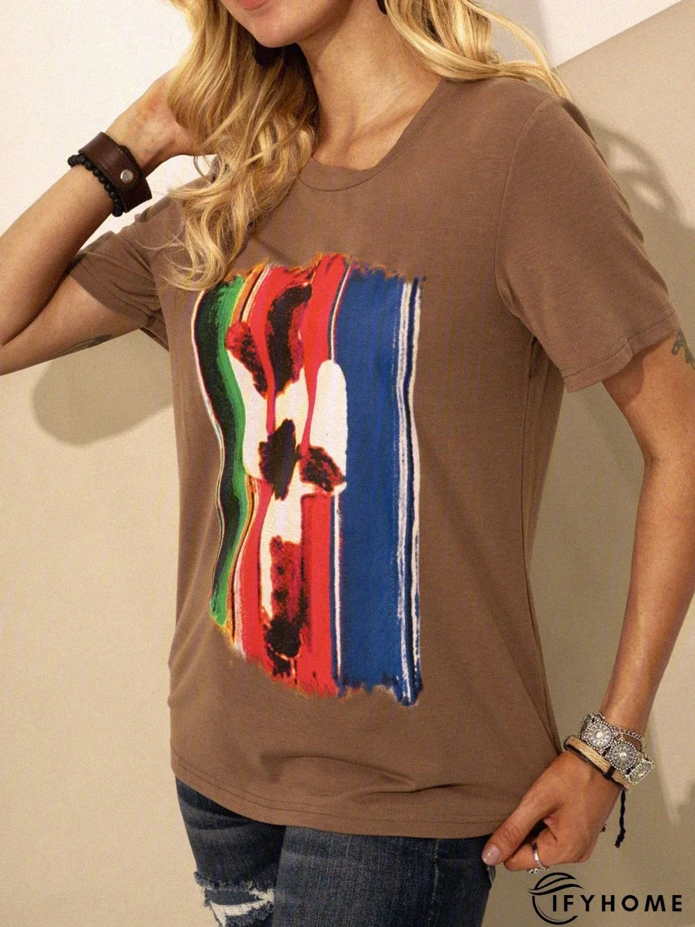 Brown Crew Neck Printed Short Sleeve Cotton T-shirt | IFYHOME