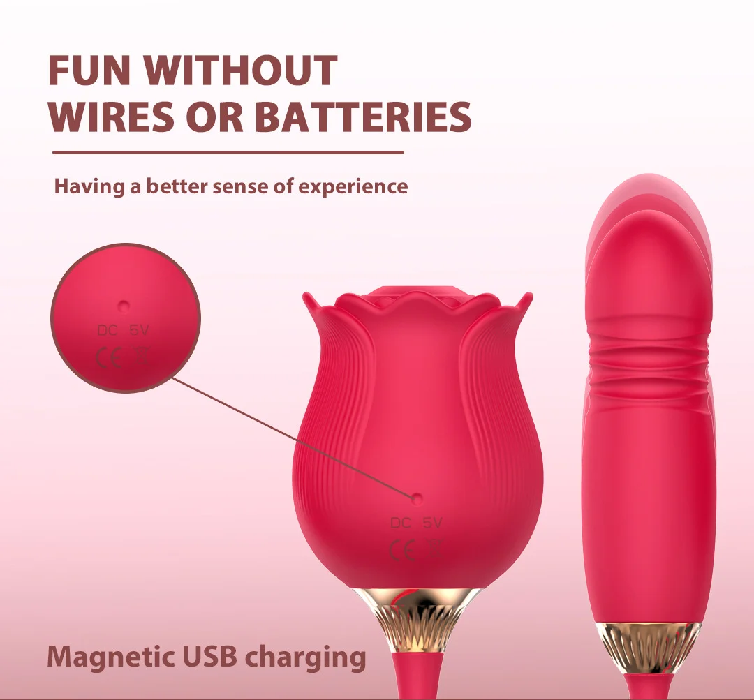 Double Headed Rose Vibrator with Sucking and Thrusting Functions for Deep Sensations