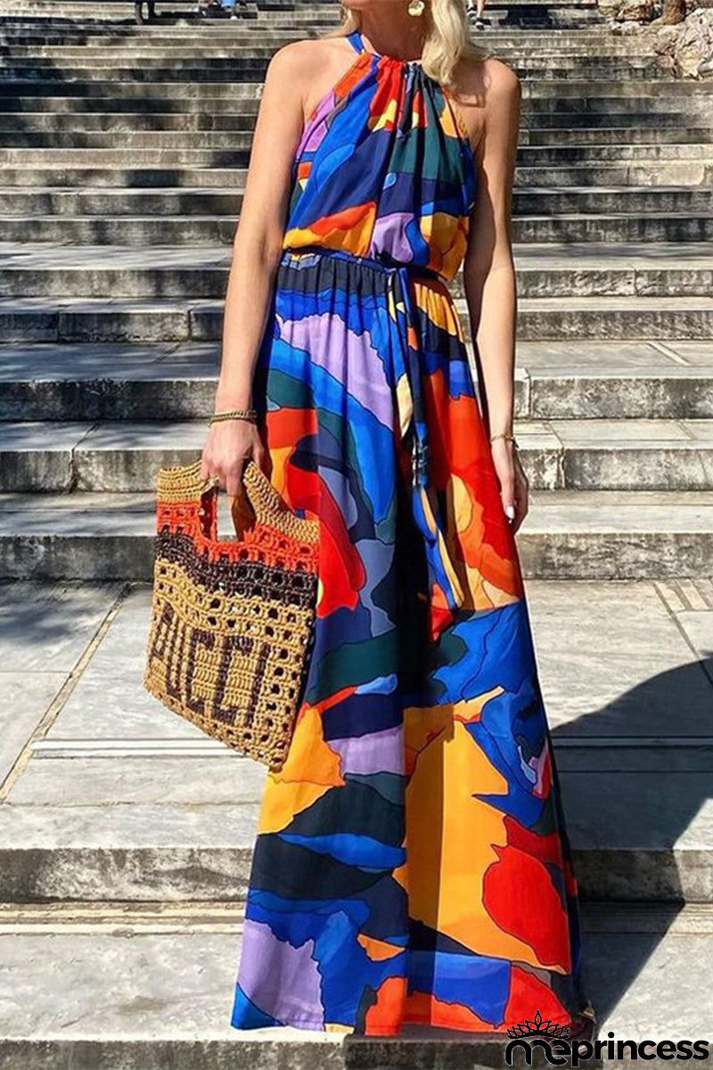 Bohemian Elegant Geometric Print Frenulum Halter Sleeveless Dress Dresses