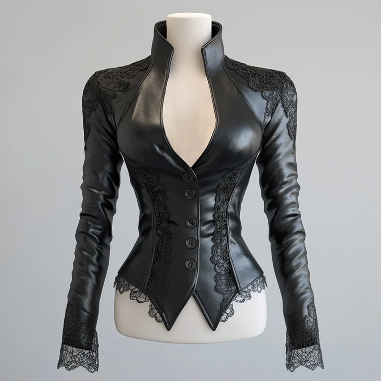 Ursime PU Leather Stand Collar Button Lace Trim Jacket