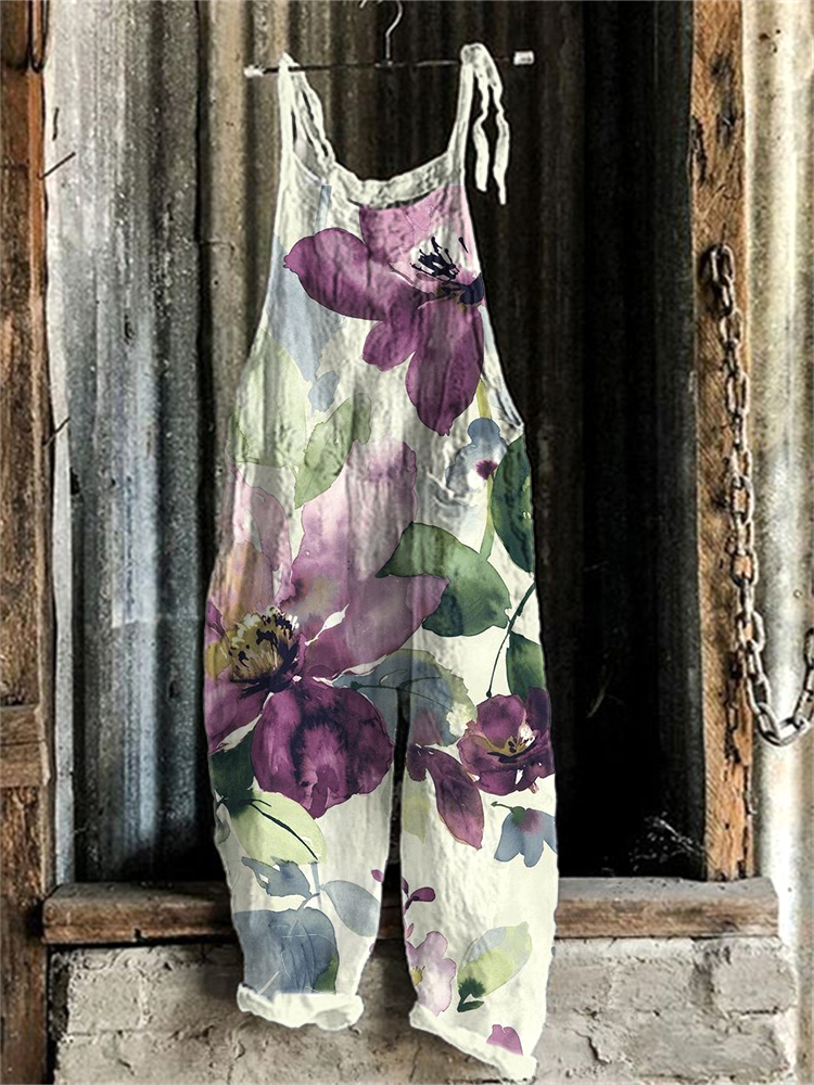 Comstylish Watercolor Floral Print Cozy Cotton Linen Jumpsuit