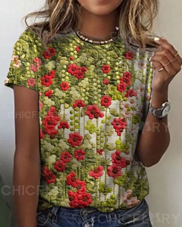 Women's  Flower Pattern Crew Neck T-shirt