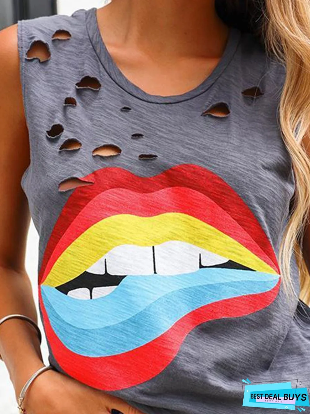 Gray Club Party Daily Printed Cotton Ripped Casual Sleeveless Shift Shirts & Tops