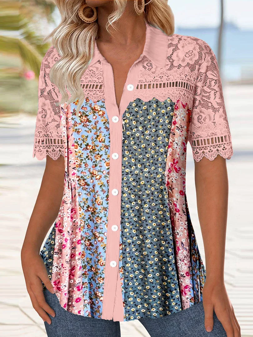 Women's Short Sleeve V-neck Graphic Lace Top