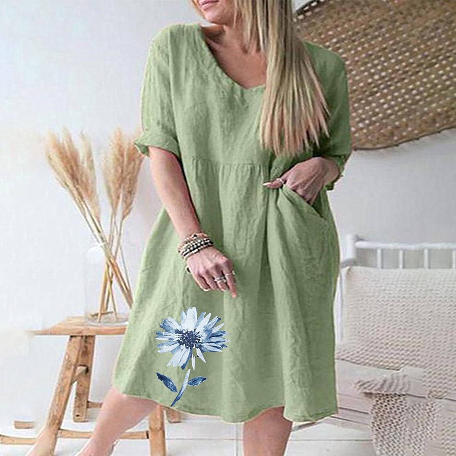 Women's half Sleeves V-neck Print summer Dress High Waist plus size Mini Dress cotton linen vintage floral casual loose dress