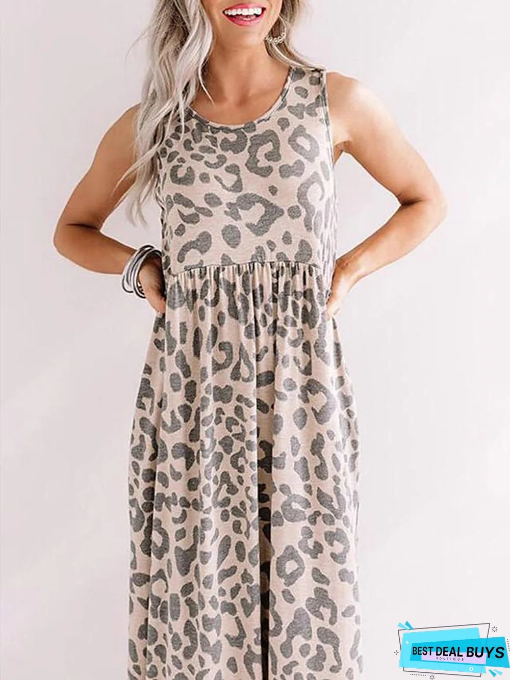 Women's Sheath Dress Maxi Long Dress Sleeveless Leopard Print Summer Hot Casual Beige