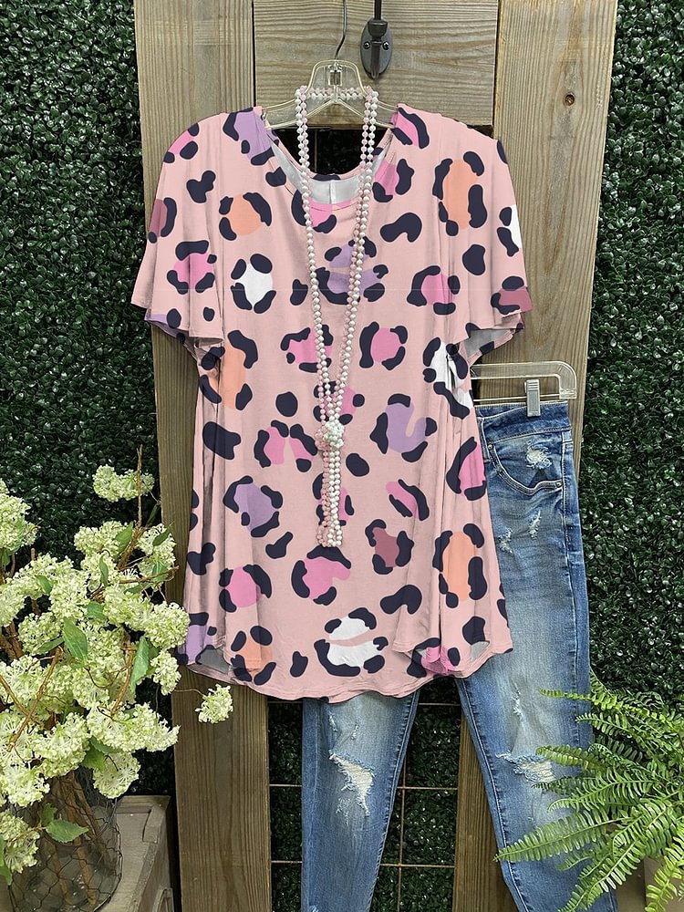 Elegant Leopard Pink Print Short Sleeves-Mayoulove
