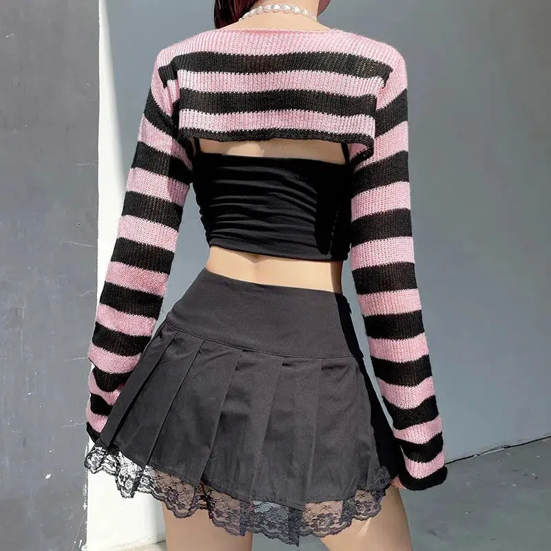 Brownm Striped Knitted Shrug Sweater
