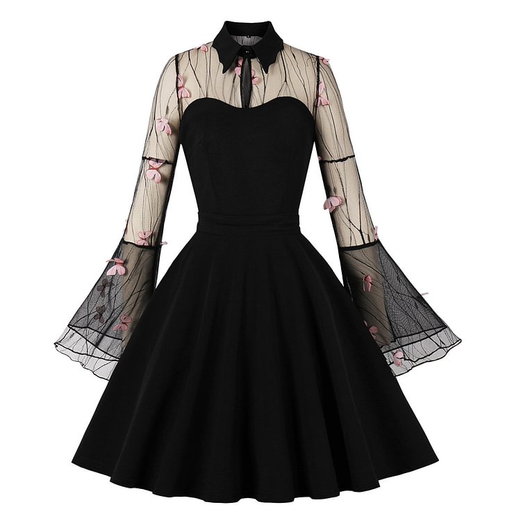 Vintage Butterfly Embroidered Bell Sleeve Swing Mesh Dress