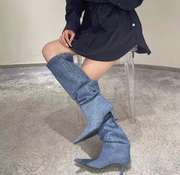 VCSHOES Women Blue Jeans Denim Pointed Toe Knee High Boots Lady 65 Mm Stiletto Heel Pleated Tube Long Botas Shoes Size 40