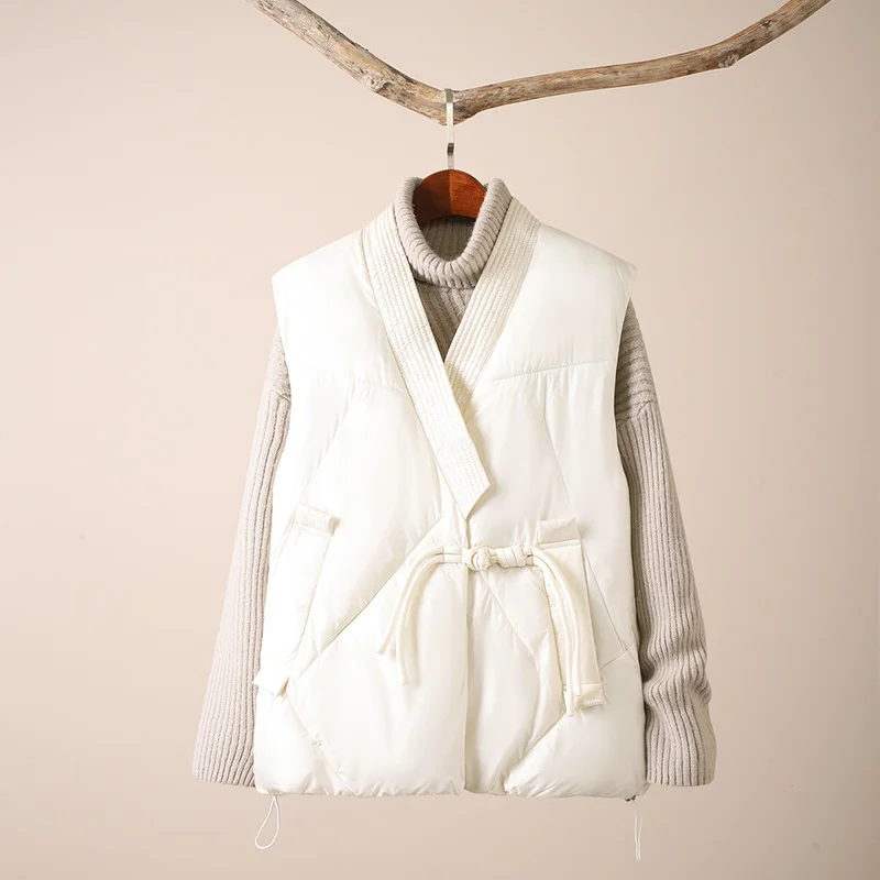 Toloer 2024 Autumn Winter New Literature And Art Retro Plate Buckle Short Padded Jacket Vest Female Loose Thin Cross V Collar Vest-Outfit Ideas