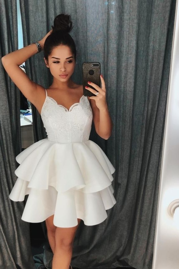 white spaghetti-straps v-neck lace layers short homecoming dress