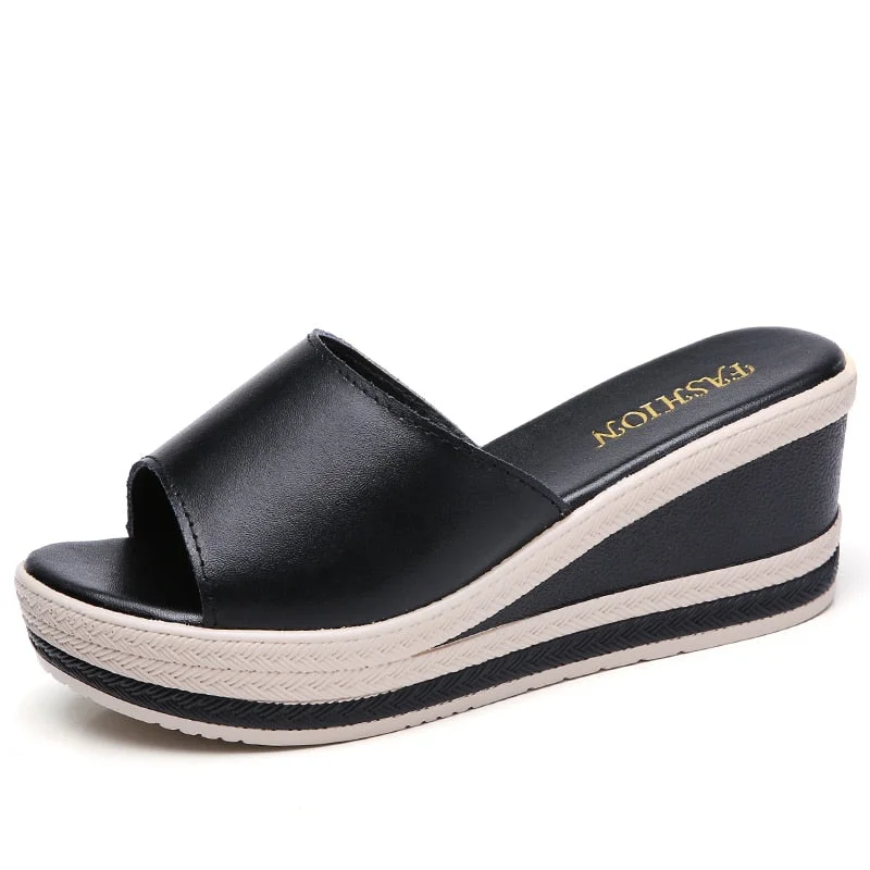 genuine leather Summer women slippers Open Toe flip flops sandals Women Wedges Slippers black white slides sandals2021