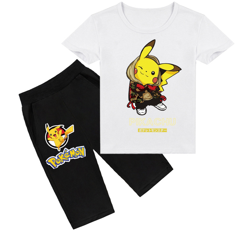Mayoulove Pikachu Tee & Shorts Set for Kids - Cute Cartoon Characters Printed Design - Ideal for Boys & Girls Aged 3-10 - Breathable & Comfortable Material - Perfect for Casual Wear & Playtime-Mayoulove