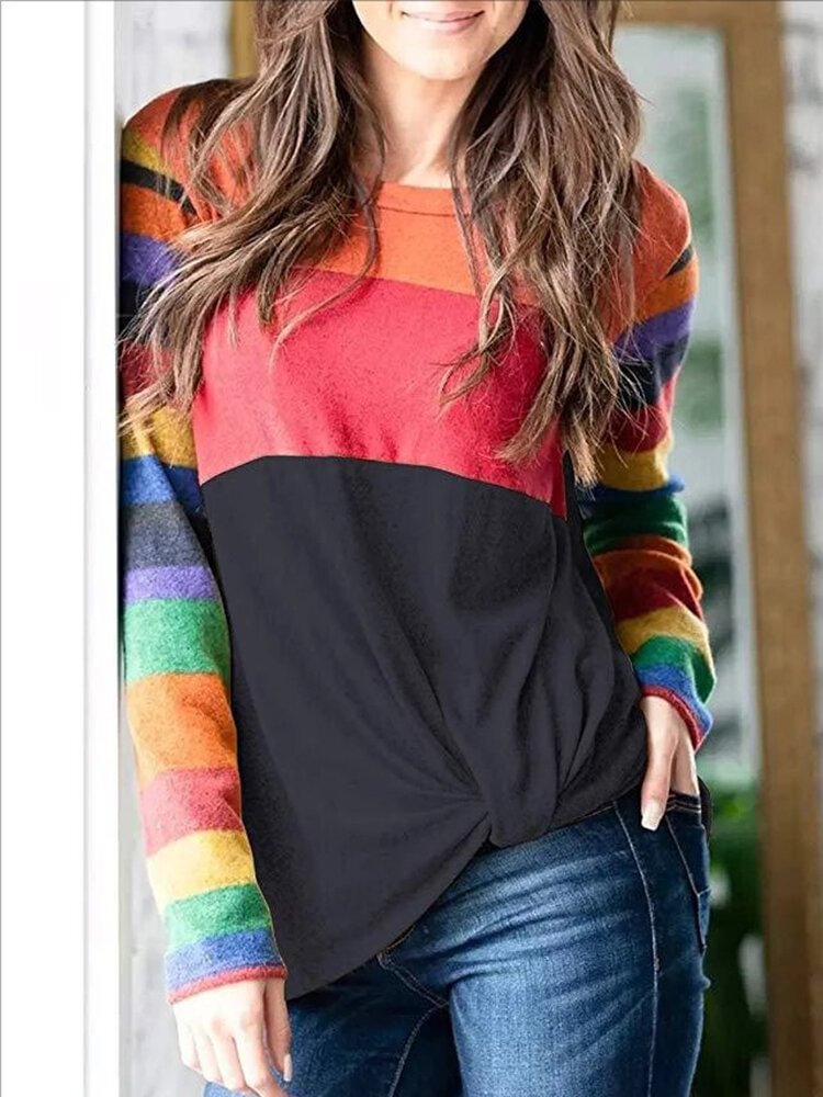Contrast Color Long Sleeve O neck Patchwork T shirt For Women P1763379