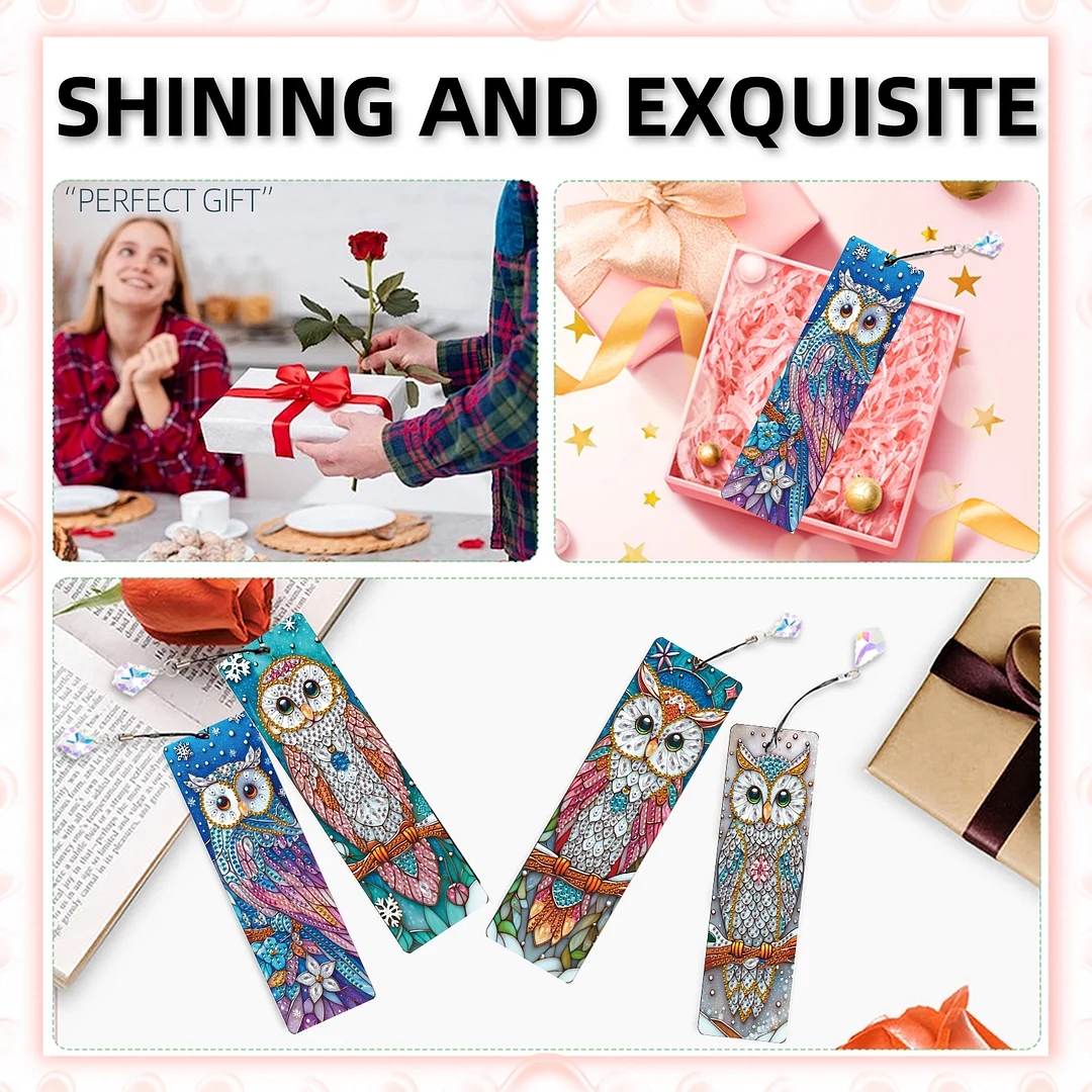 4Pcs Owl DIY Diamond Bookmark Art Projects Irregular Shaped Diamonds Diamond Painting Art Bookmarks with Crystal Pendants for DIY Making Beginners Adult Art Craft Supplies