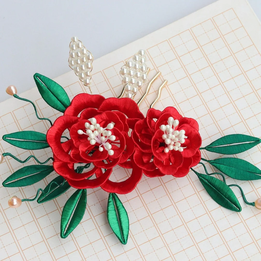 Silk Wrapped Flowers Pearl Hairpin Hanfu Headdress