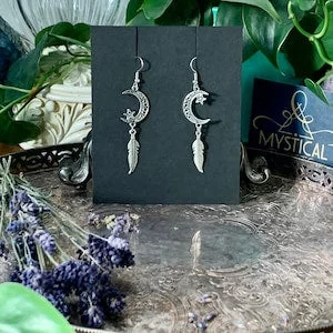 pornhint Pornhint Silver Feather Moon Earrings - Goth - Nature - Pagan - Witchy - Warrior- Alternative - Mystical Twists -Hypoallergenic