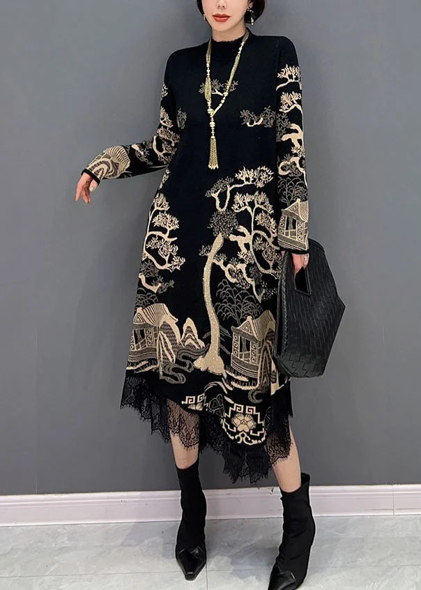 Fine Black Stand Collar Asymmetrical Lace Patchwork Print Cotton Dress Spring