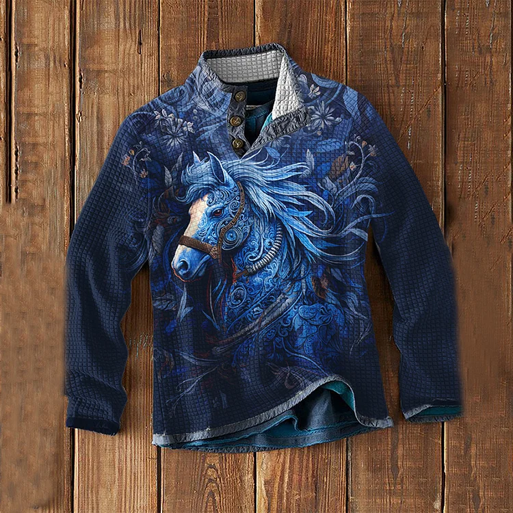 Men's Horse Printed Waffle Collar Sweatshirt