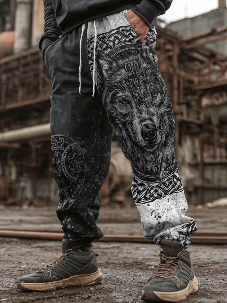 Men's Retro Viking Wolf Head Pattern Printed Casual Sweatpants elevenforest