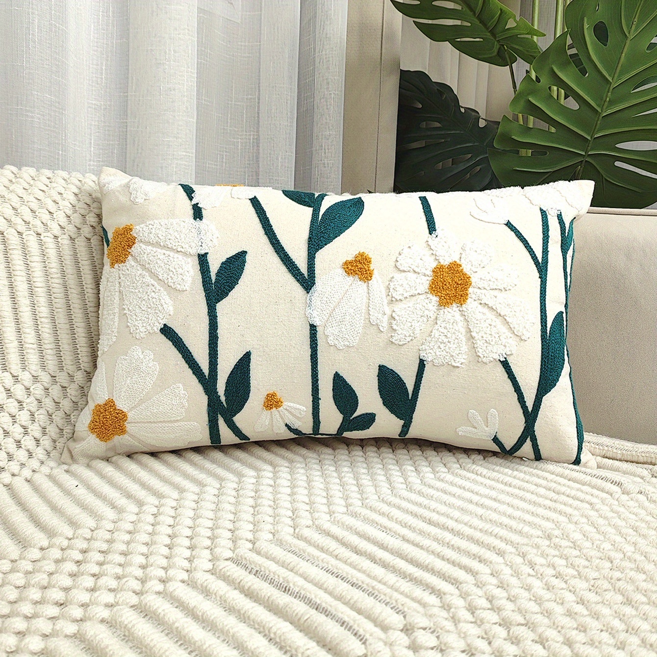 1pc, Vibrant Daisy Floral Embroidered Throw Pillow Cover - Soft, Decorative, and Versatile Cushion Case for Sofa, Living Room, and Home Decor - No Pillow Insert Included