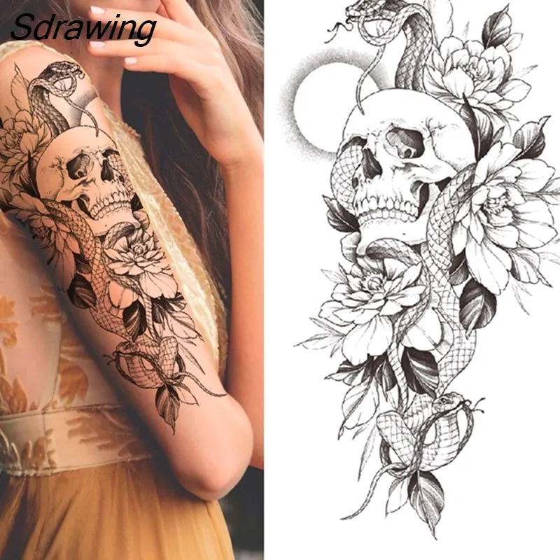 Sdrawing Fake Peony Temporary Tattoos For Women Girl Black Rose Elephant Flower Tattoo Sticker Tiger Anemone Tatoos Half Sleeve 1020-0