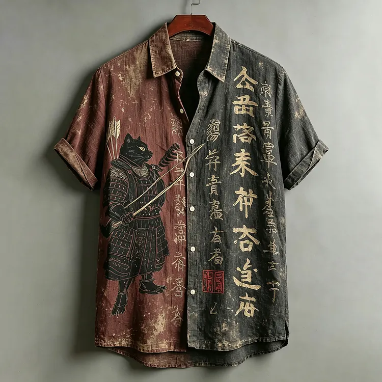 Men's Black Cat Samurai Japanese Kyudo And Calligraphy Print Short-sleeve Shirt