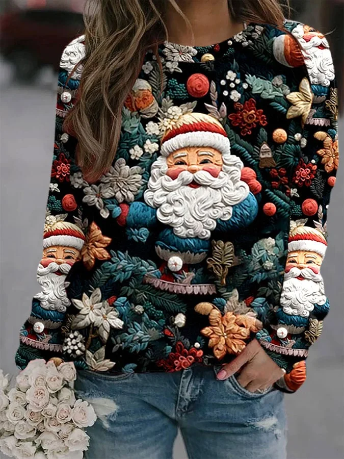 Women's Christmas Flower Santa Claus Print Casual Sweatshirt-mysite