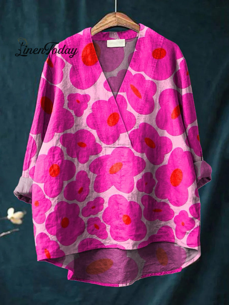 Vibrant Pink Floral Pattern Printed Women’s Casual Cotton And Linen V-Neck Shirt / S