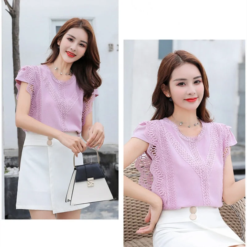 Summer 2021 New Womens Tops Korean Fashion Clothing Plus Size Solid Lace Patchwork Shirt Hollow Out Blouse Women Blusas 4835 50