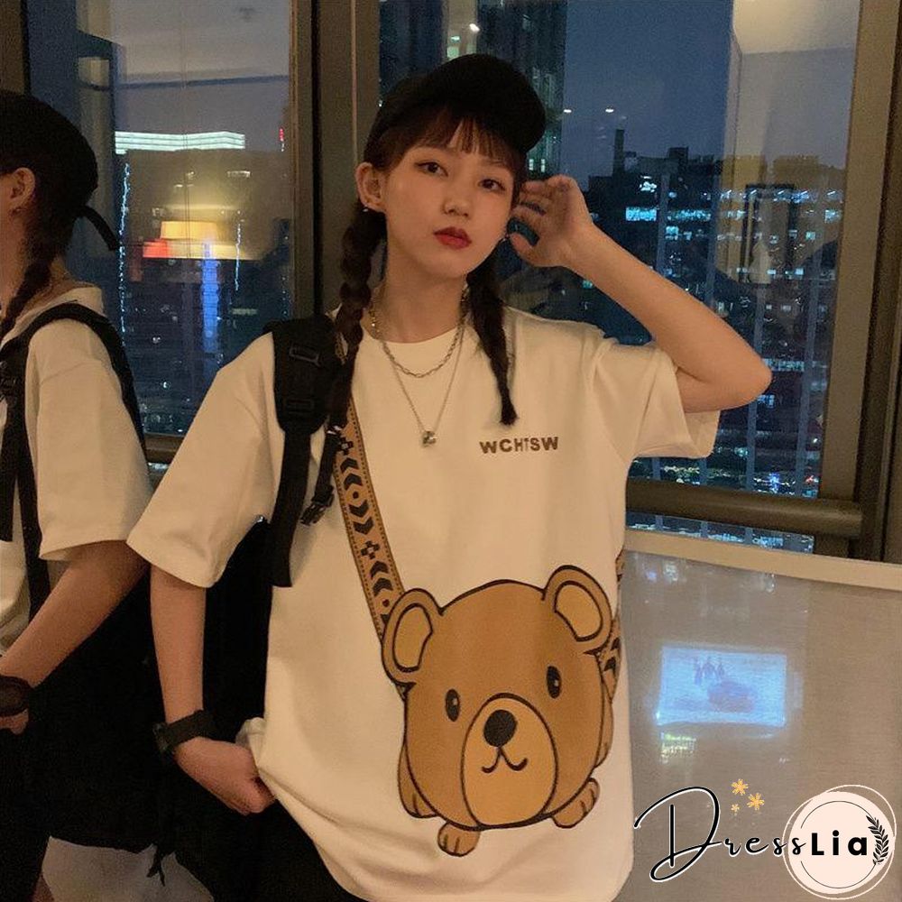 Harajuku Print O Neck Cotton Short Sleeve T Shirt Women Summer New Korean Fashion Kawaii Clothes Top Bear Chic Tee Tshirts