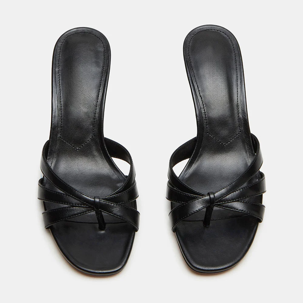 Black Crossed Strap Open Square Toe Spool Heel Slide Sandals Women
