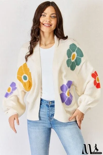 J.NNA Open Front Flower Pattern Long Sleeve Sweater Cardigan