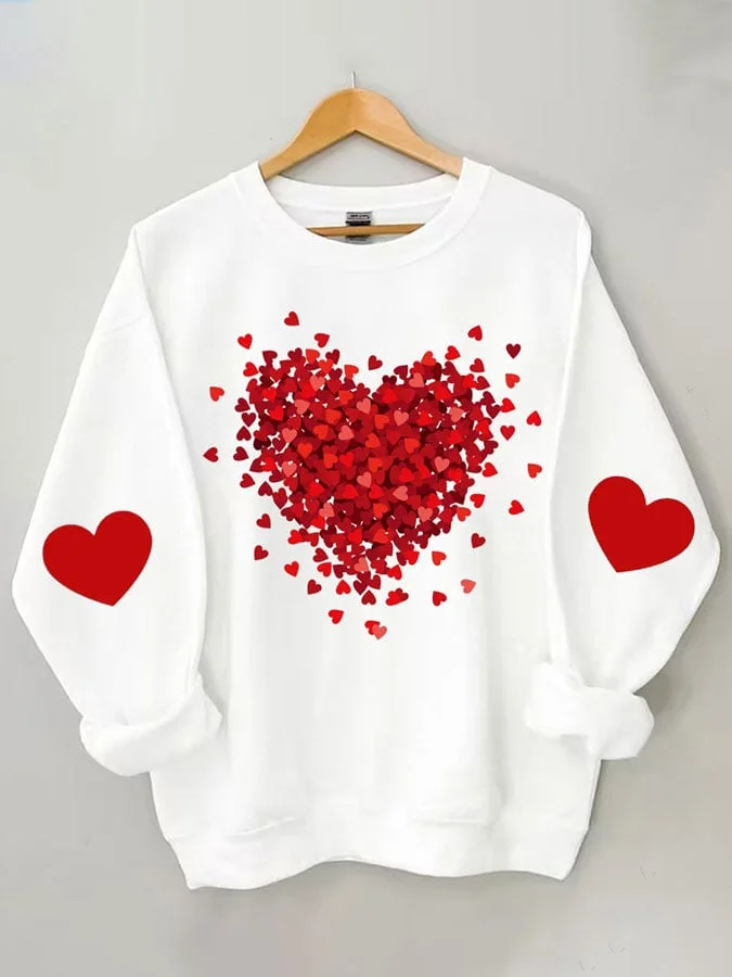 Ladies Heart Print Round Neck Long Sleeve Sweatshirt