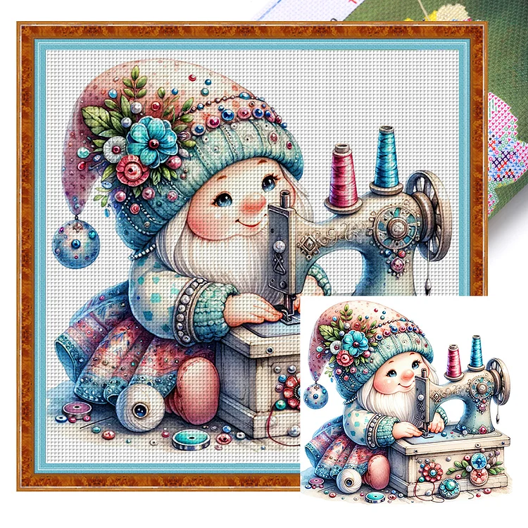 Sewing Machine Gnome - Printed Cross Stitch 18CT 30*30CM