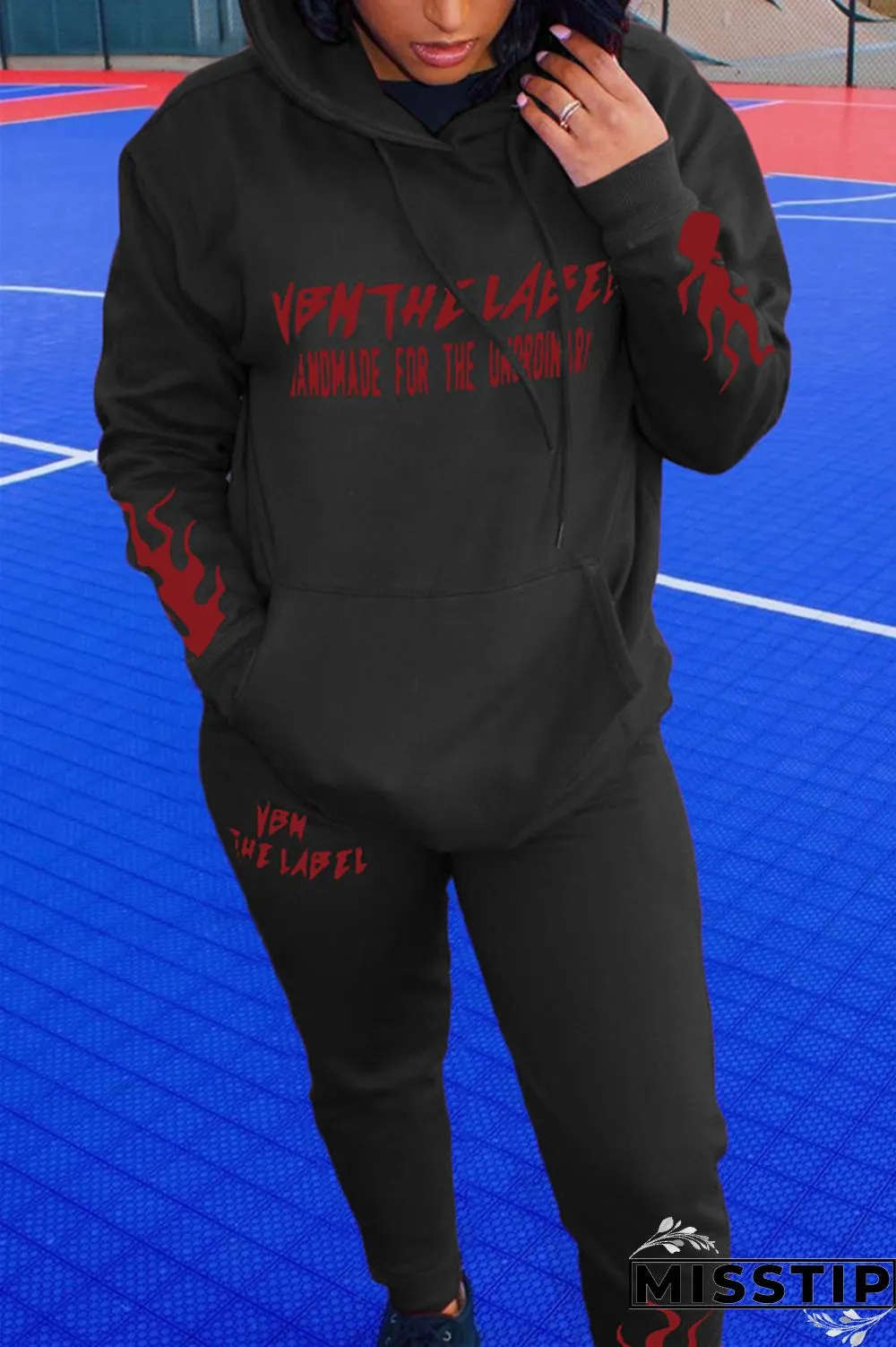 Grey Fashion Street Blends Letter Patchwork Print Patchwork Draw String Pocket Pullovers Pants Hooded Collar Long Sleeve Regular Sleeve Regular Two Pieces