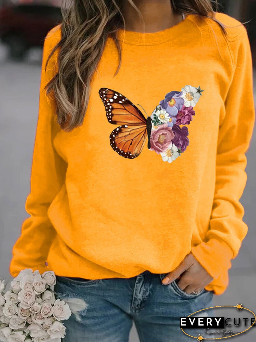 Flower Butterfly Print Long Sleeve Sweatshirt For Women