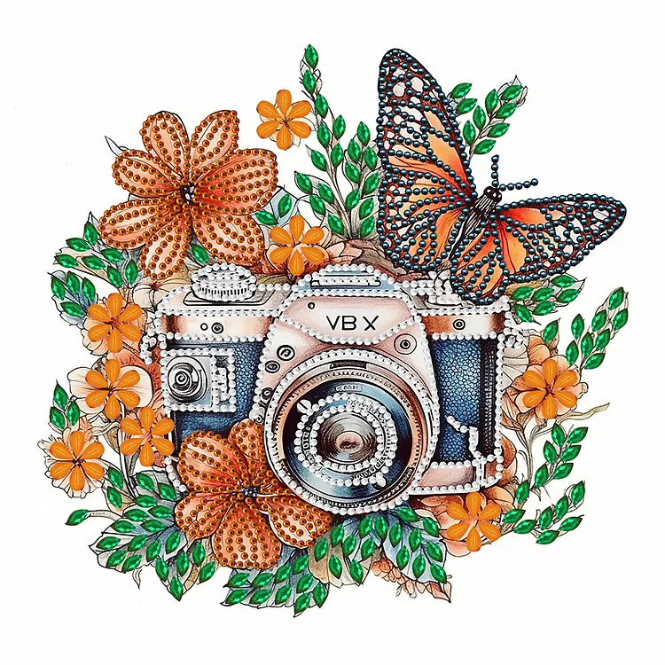 Butterfly Flower Nostalgic Camera 30*30CM(Canvas) Special Shaped Drill Diamond Painting gbfke