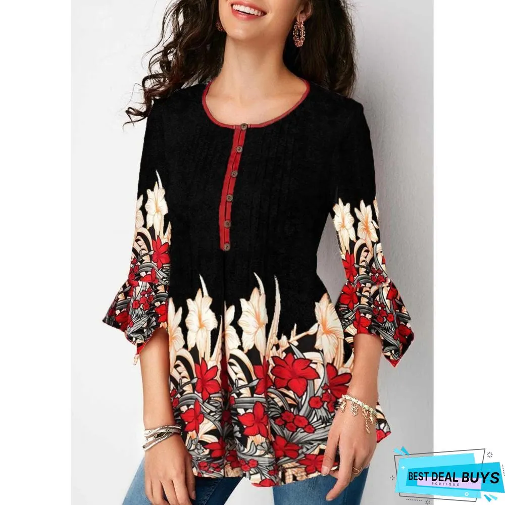 Women Plus Size Three Quarter Sleeve Floral Print Causal Loose Tunic Blouse Shirts