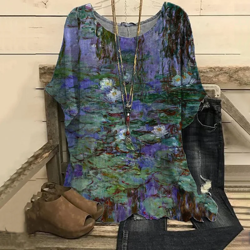 Lotus Print Casual Short Sleeve T-Shirt