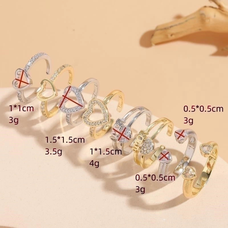 Glam Letter Heart Shape Copper Inlay Zircon 14k Gold Plated Open Ring