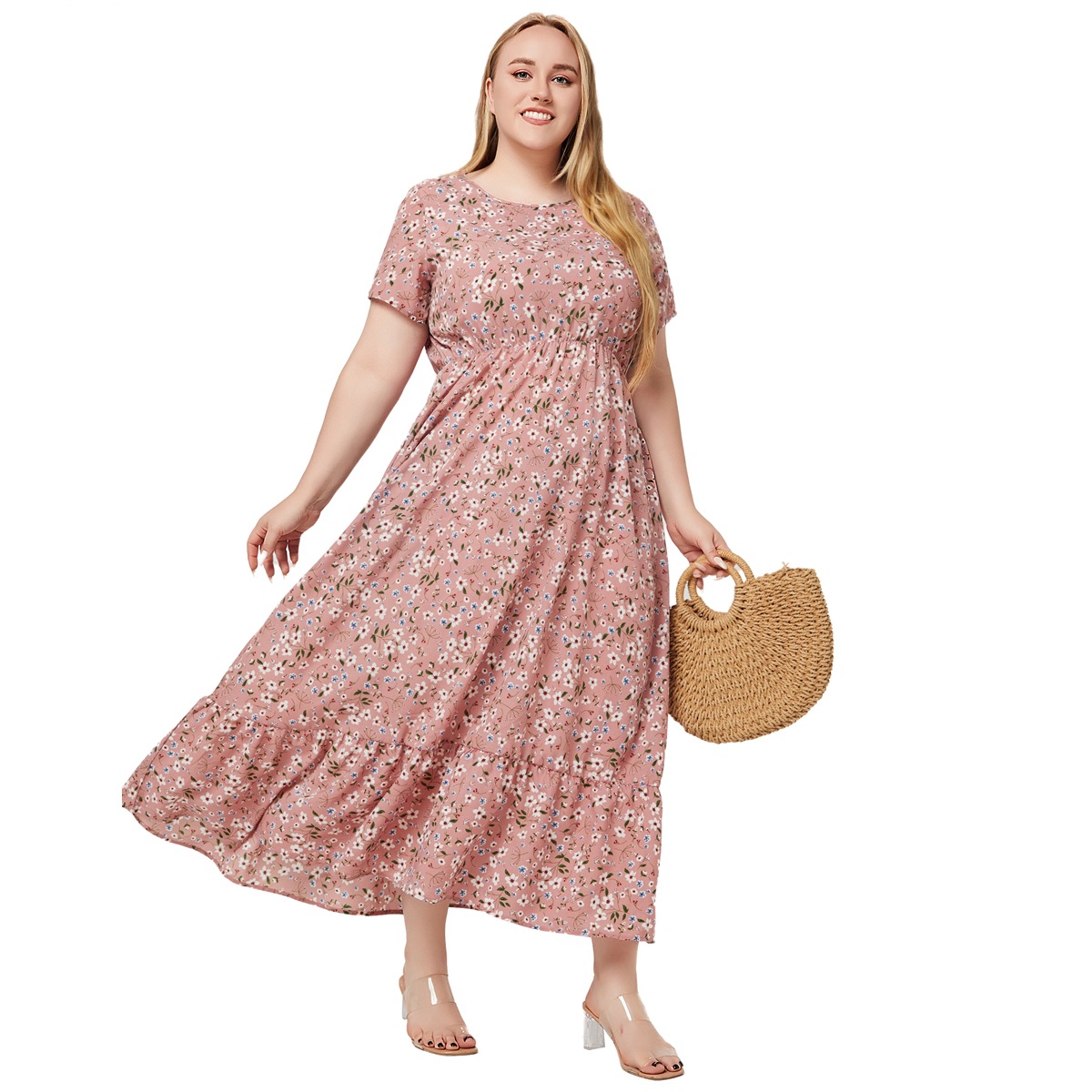 Mature Women Plus Size Short Sleeve Printed Pocket Summer Dress