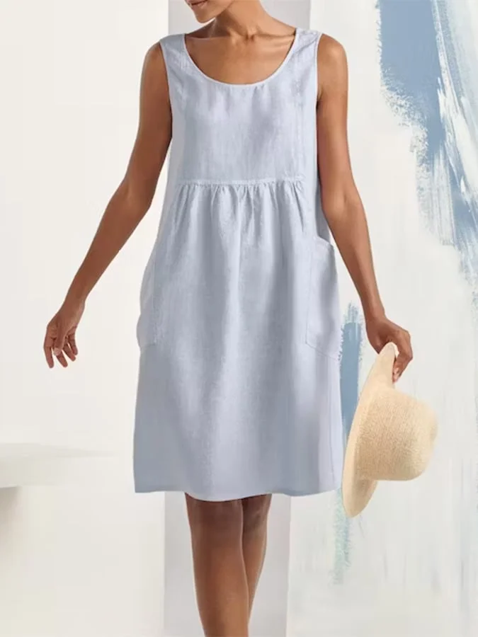Cotton Linen Round Neck Sleeveless Pocket Simple Dress