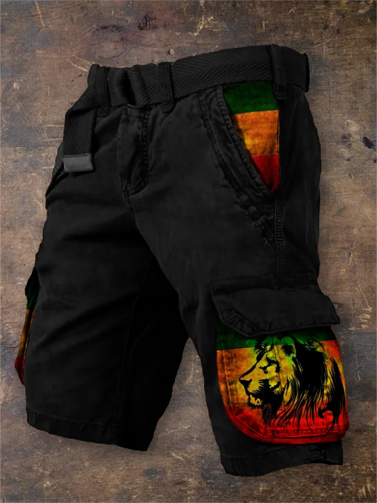 Men's Reggae Lover Lion Rasta Colorblock Cargo Shorts