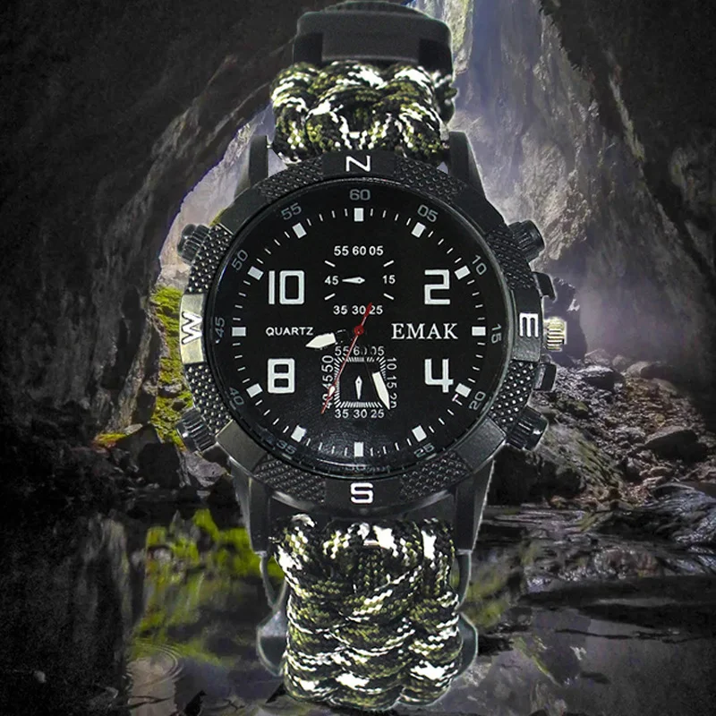 Outdoor Mountaineering Travel SOS LED Light Laser Paracord Function Watch